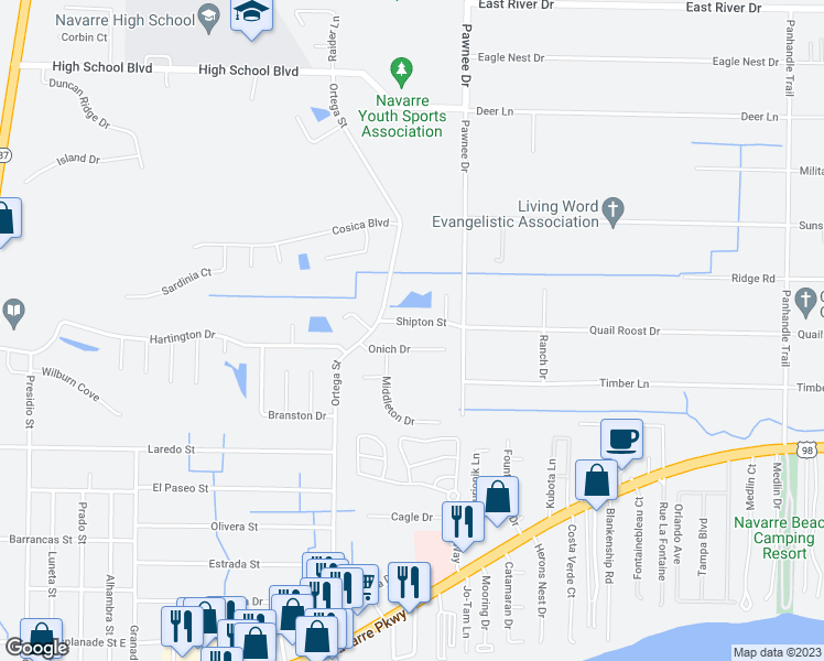 map of restaurants, bars, coffee shops, grocery stores, and more near 8353 Shipton Street in Navarre