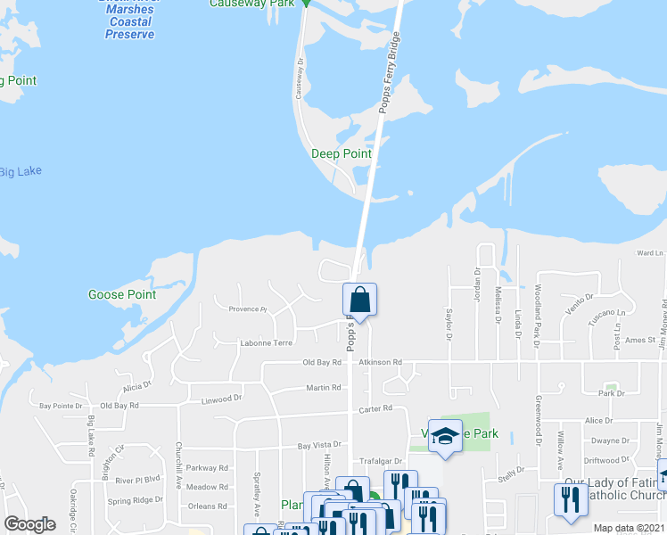map of restaurants, bars, coffee shops, grocery stores, and more near 495 Popp's Ferry Road in Biloxi