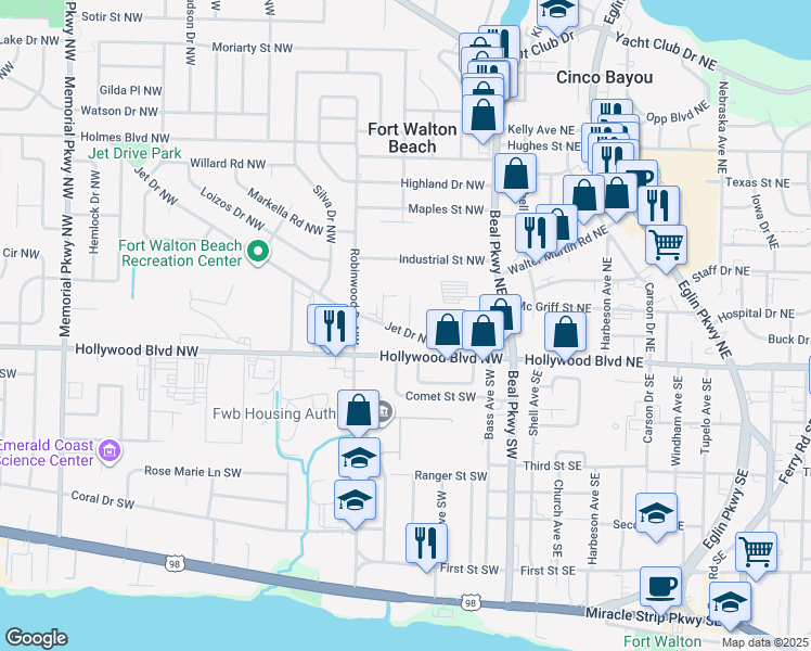 map of restaurants, bars, coffee shops, grocery stores, and more near 35 Jet Drive Northwest in Fort Walton Beach