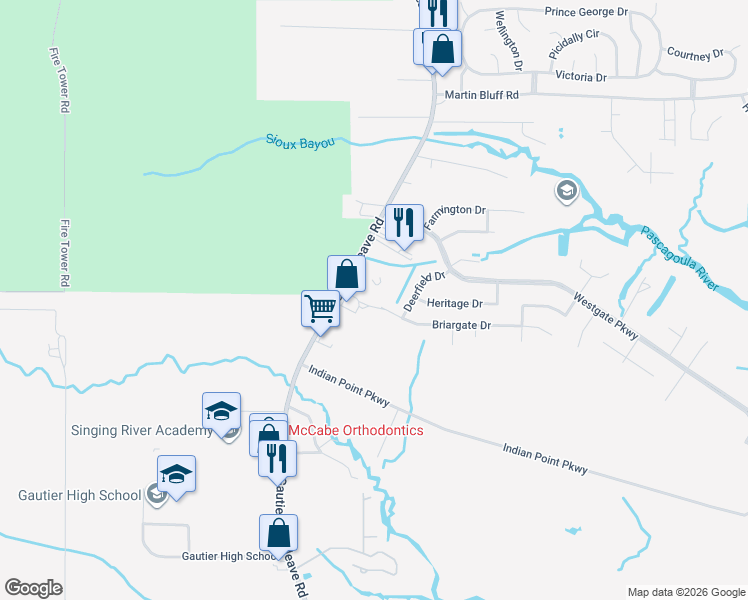 map of restaurants, bars, coffee shops, grocery stores, and more near 5090 Gautier Vancleave Road in Gautier