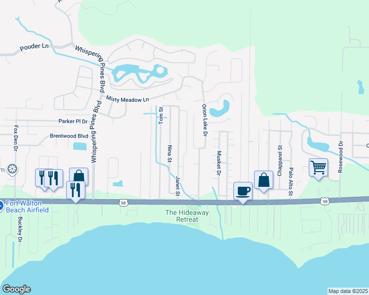 map of restaurants, bars, coffee shops, grocery stores, and more near 2221 Kerra Lane in Navarre