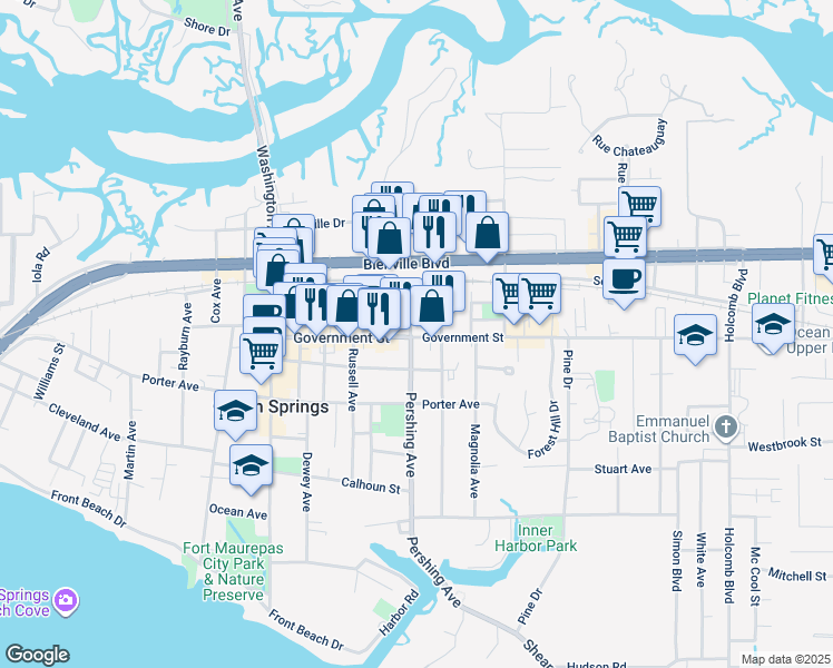 map of restaurants, bars, coffee shops, grocery stores, and more near 800 Pershing Avenue in Ocean Springs
