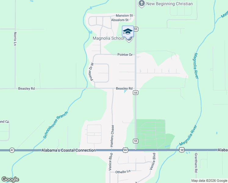 map of restaurants, bars, coffee shops, grocery stores, and more near 16222 Beasley Road in Foley