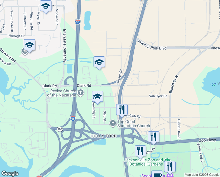 map of restaurants, bars, coffee shops, grocery stores, and more near 30 Clark Road in Jacksonville