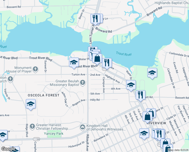 map of restaurants, bars, coffee shops, grocery stores, and more near 2355 2nd Avenue in Jacksonville