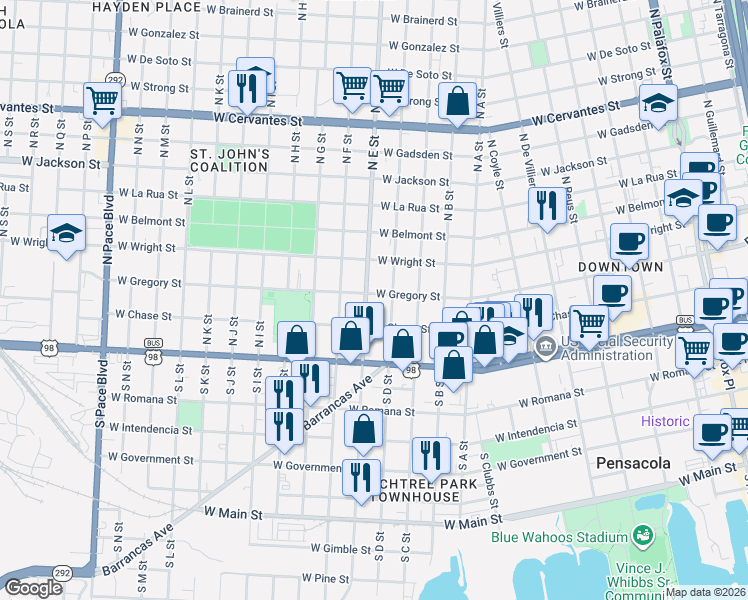 map of restaurants, bars, coffee shops, grocery stores, and more near 1000 West Gregory Street in Pensacola