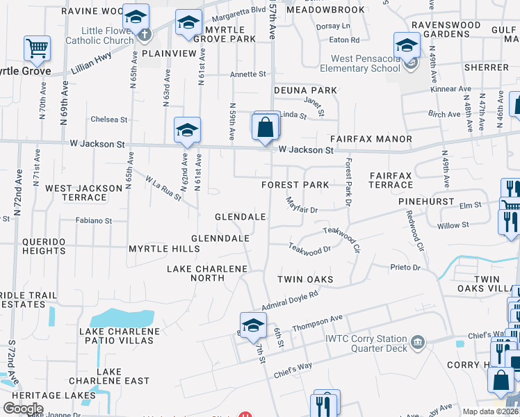 map of restaurants, bars, coffee shops, grocery stores, and more near 389 North 57th Avenue in Pensacola