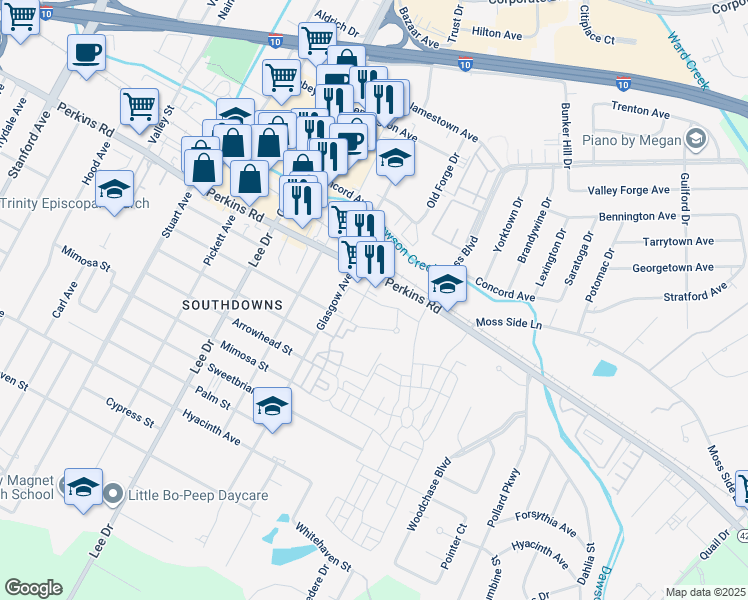 map of restaurants, bars, coffee shops, grocery stores, and more near in Baton Rouge