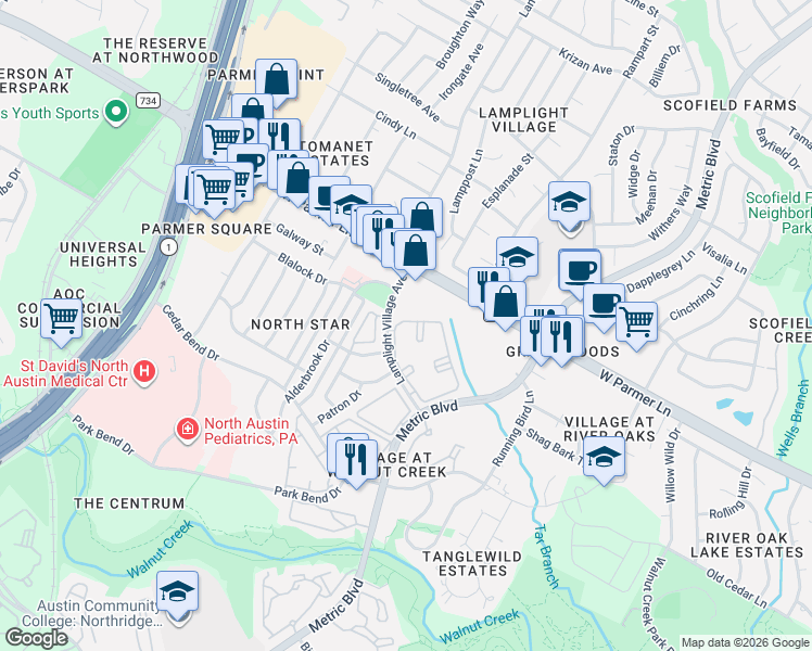 map of restaurants, bars, coffee shops, grocery stores, and more near 12425 Lamplight Village Avenue in Austin