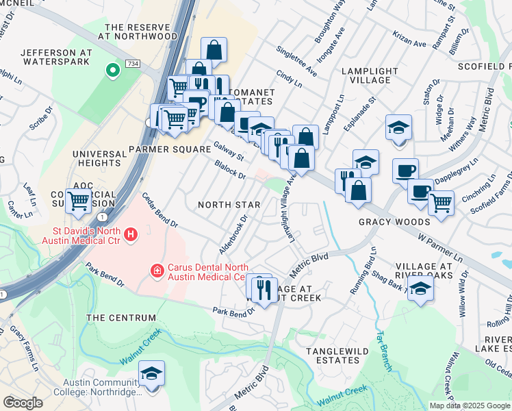 map of restaurants, bars, coffee shops, grocery stores, and more near 12405 Alderbrook Drive in Austin