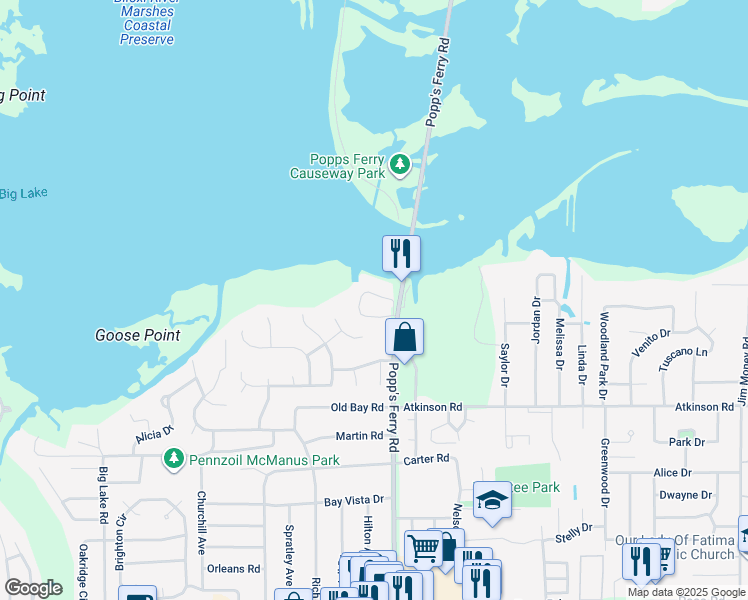 map of restaurants, bars, coffee shops, grocery stores, and more near 495 Popp's Ferry Road in Biloxi