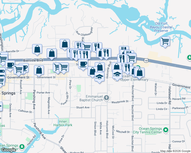 map of restaurants, bars, coffee shops, grocery stores, and more near 2207 Government Street in Ocean Springs