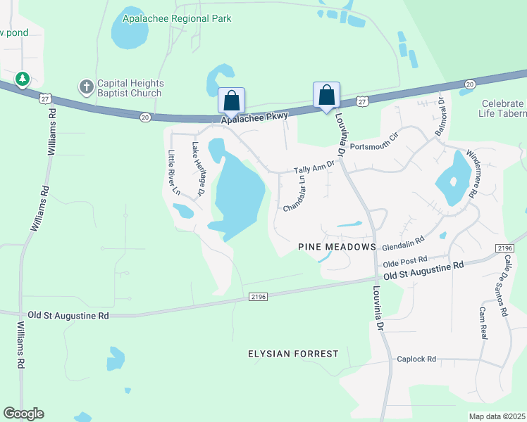 map of restaurants, bars, coffee shops, grocery stores, and more near 2612 Chateau Lane in Tallahassee