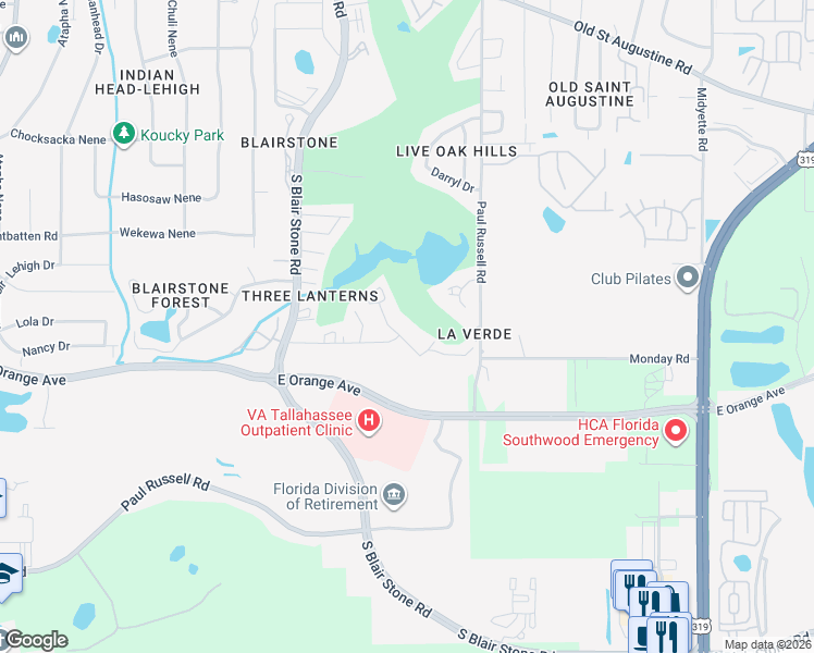 map of restaurants, bars, coffee shops, grocery stores, and more near 2919 Par Lane in Tallahassee