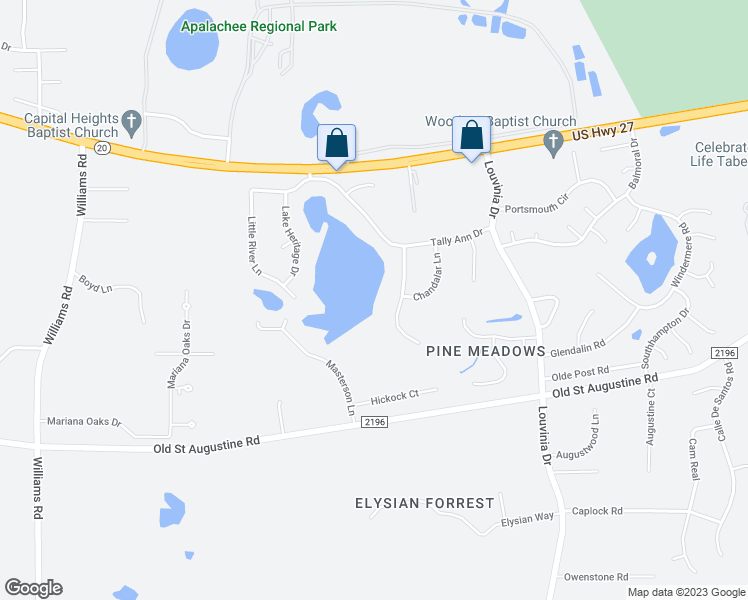 map of restaurants, bars, coffee shops, grocery stores, and more near 2586 Chateau Lane in Tallahassee