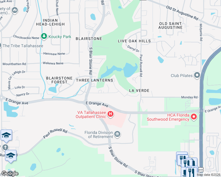 map of restaurants, bars, coffee shops, grocery stores, and more near 2884B Par Lane in Tallahassee