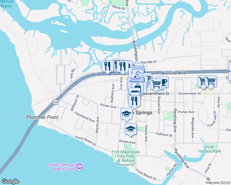 map of restaurants, bars, coffee shops, grocery stores, and more near 703 Cox Avenue in Ocean Springs