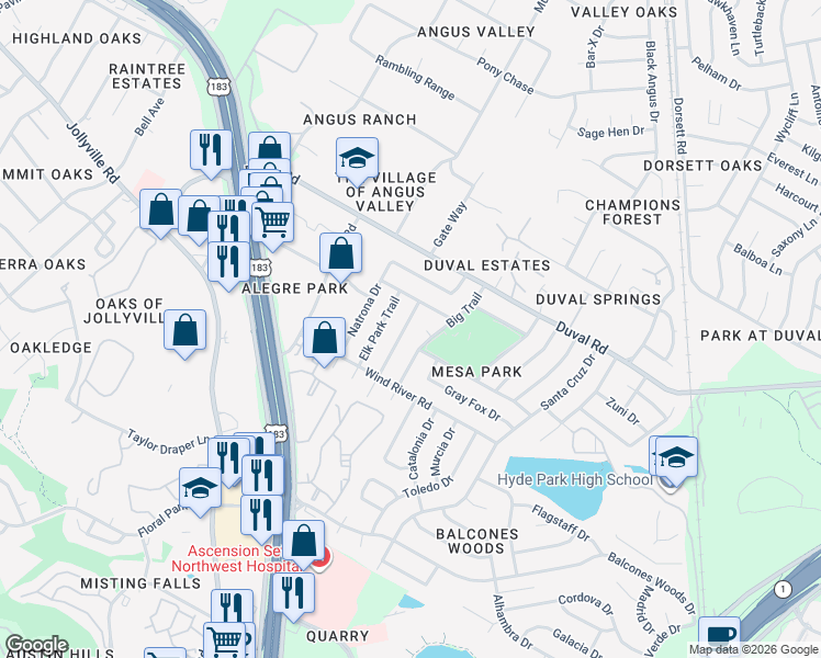 map of restaurants, bars, coffee shops, grocery stores, and more near 11623 Fast Horse Drive in Austin