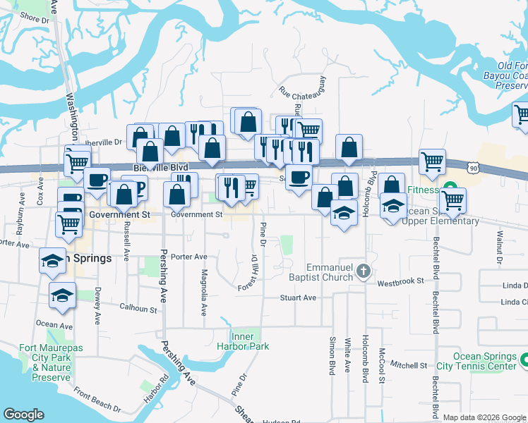map of restaurants, bars, coffee shops, grocery stores, and more near 2003 Government Street in Ocean Springs