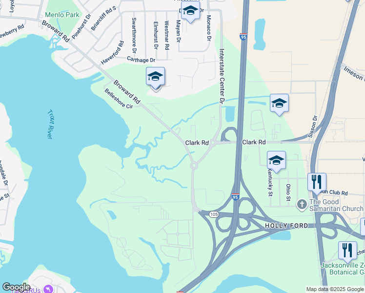 map of restaurants, bars, coffee shops, grocery stores, and more near 1188 Broward Road in Jacksonville