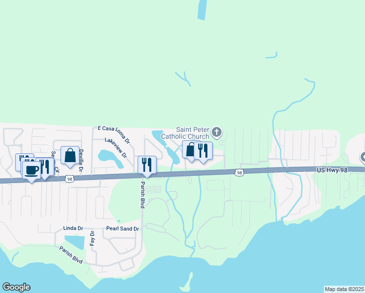 map of restaurants, bars, coffee shops, grocery stores, and more near 573 East Timberlake Drive in Mary Esther