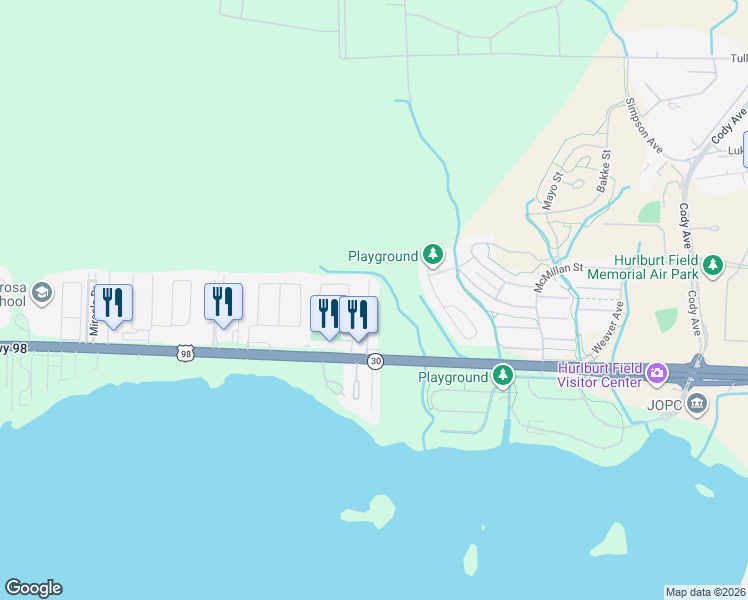 map of restaurants, bars, coffee shops, grocery stores, and more near 34 Solar Street in Mary Esther