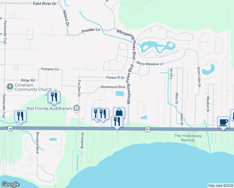 map of restaurants, bars, coffee shops, grocery stores, and more near 2209 Creekwood Court in Navarre