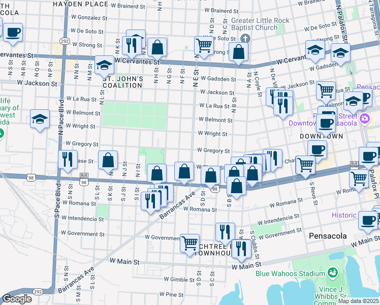 map of restaurants, bars, coffee shops, grocery stores, and more near 1101 West Gregory Street in Pensacola