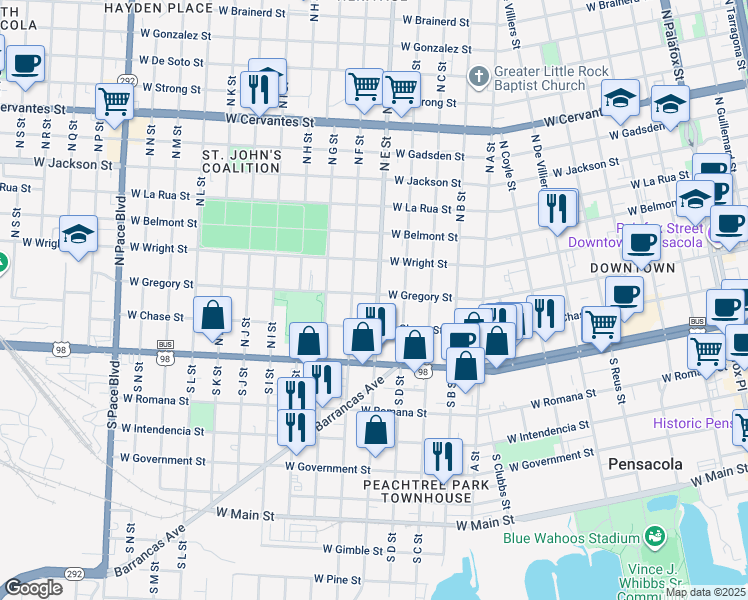 map of restaurants, bars, coffee shops, grocery stores, and more near 1101 West Gregory Street in Pensacola