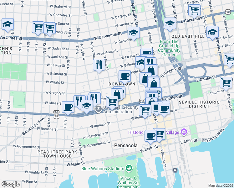 map of restaurants, bars, coffee shops, grocery stores, and more near 118 North Reus Street in Pensacola