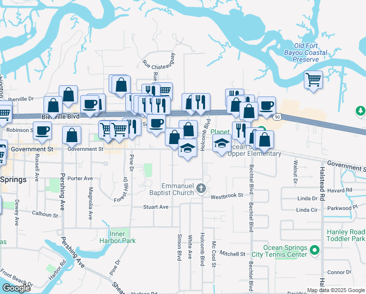 map of restaurants, bars, coffee shops, grocery stores, and more near 2207 Government Street in Ocean Springs