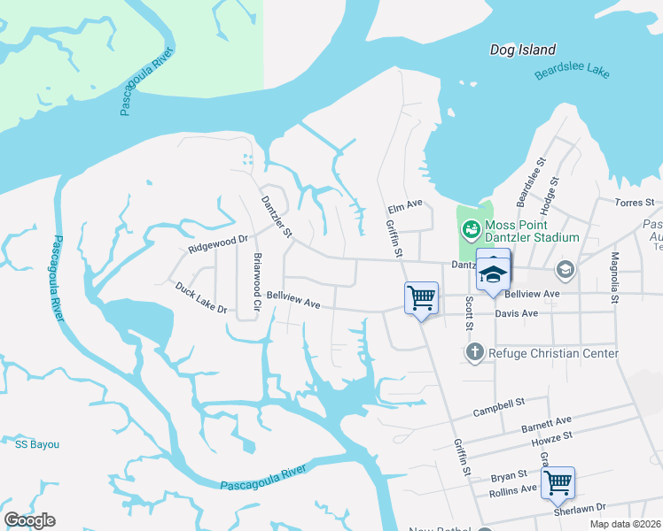 map of restaurants, bars, coffee shops, grocery stores, and more near 2924 Dantzler Street in Moss Point