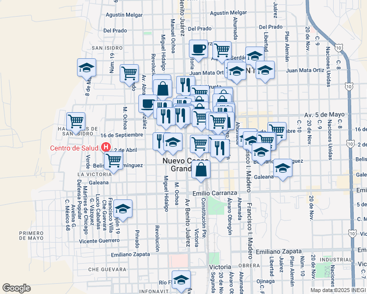 map of restaurants, bars, coffee shops, grocery stores, and more near 401 Avenida Benito Juárez in Nuevo Casas Grandes