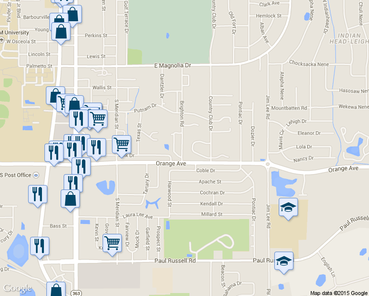 map of restaurants, bars, coffee shops, grocery stores, and more near 2617 Brighton Road in Tallahassee