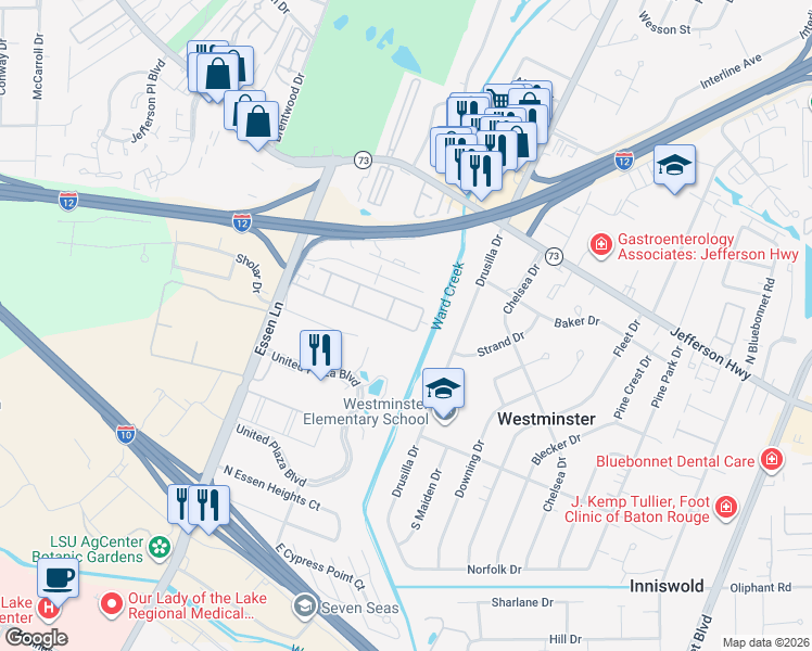 map of restaurants, bars, coffee shops, grocery stores, and more near 36 Jamestowne Court in Baton Rouge
