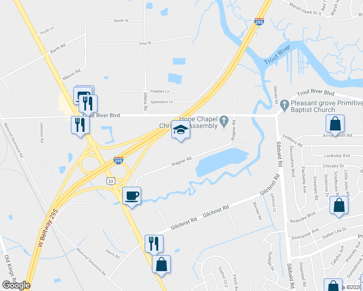 map of restaurants, bars, coffee shops, grocery stores, and more near 9840 Wagner Rd in Jacksonville