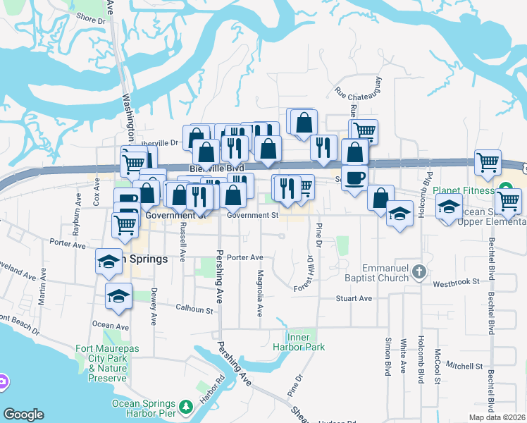 map of restaurants, bars, coffee shops, grocery stores, and more near 1706 Davis St in Ocean Springs
