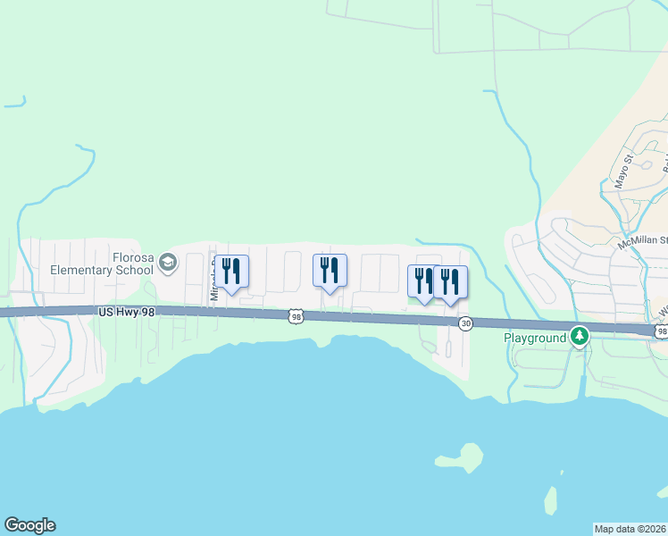 map of restaurants, bars, coffee shops, grocery stores, and more near 89 Josie Road in Mary Esther