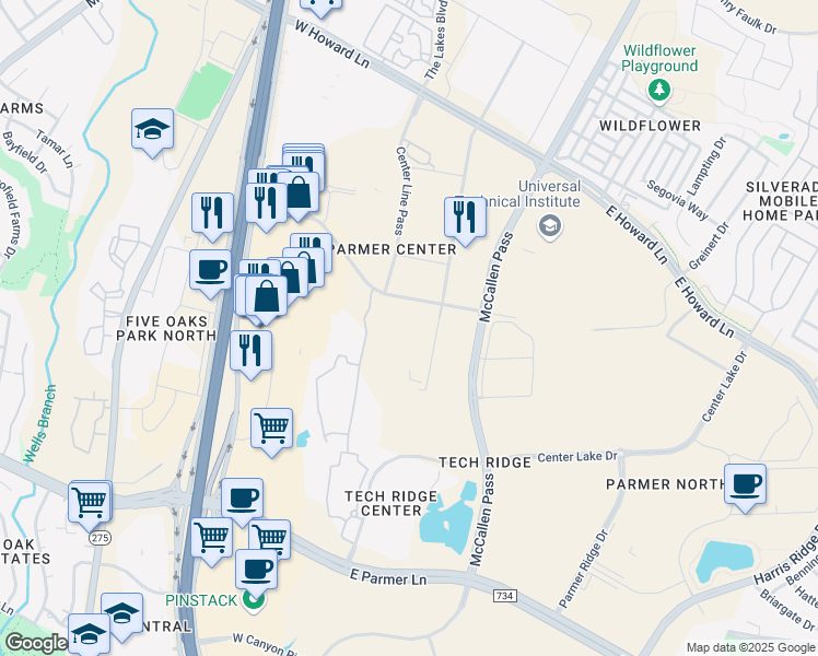 map of restaurants, bars, coffee shops, grocery stores, and more near 611 Center Ridge Drive in Austin
