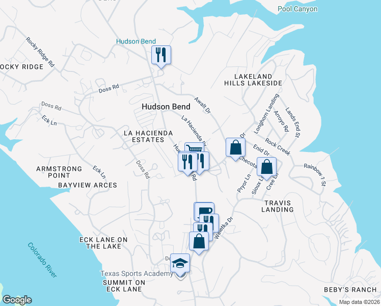 map of restaurants, bars, coffee shops, grocery stores, and more near 5103 Hudson Bend Road in Austin