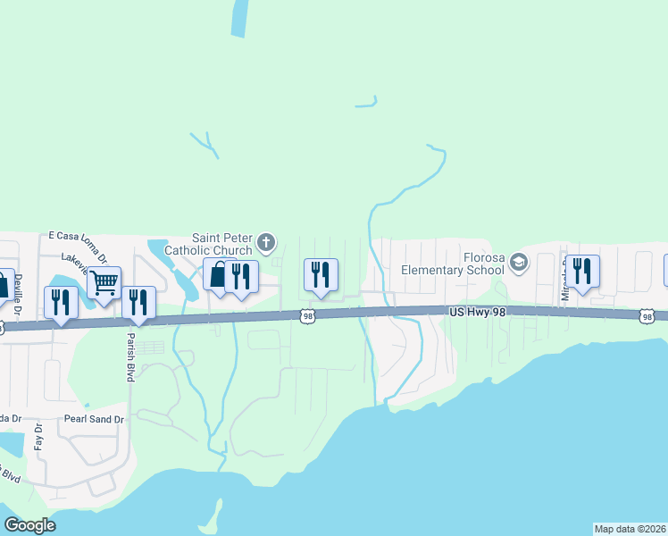 map of restaurants, bars, coffee shops, grocery stores, and more near 218 Squirrel Haven Road in Mary Esther