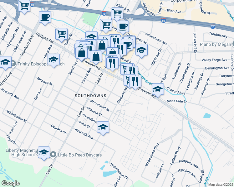 map of restaurants, bars, coffee shops, grocery stores, and more near 4741 Tupello Street in Baton Rouge