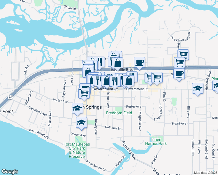 map of restaurants, bars, coffee shops, grocery stores, and more near 902 State Street in Ocean Springs