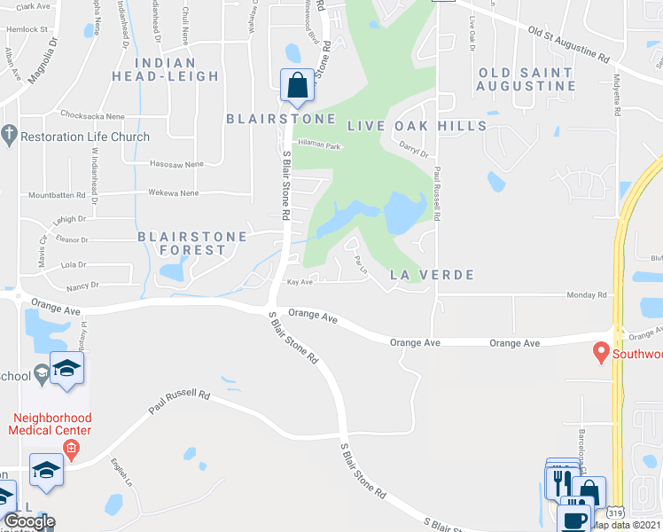 map of restaurants, bars, coffee shops, grocery stores, and more near 3360 Trafalgar Square in Tallahassee