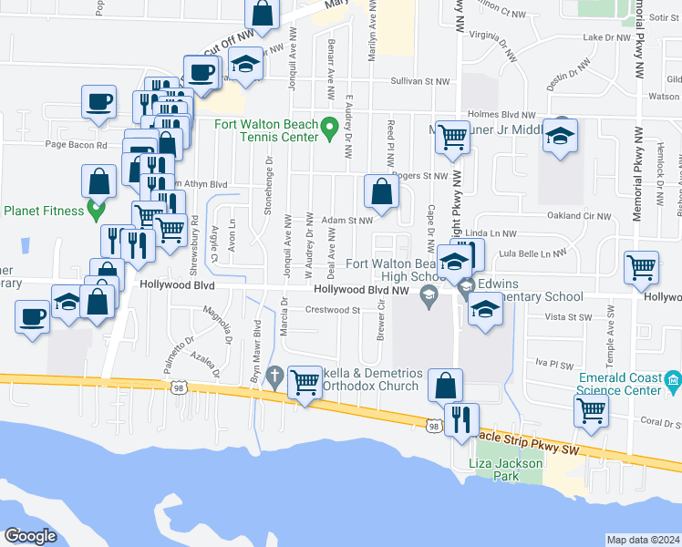map of restaurants, bars, coffee shops, grocery stores, and more near 9 Poulton Drive Northwest in Fort Walton Beach