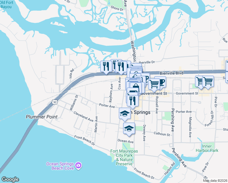 map of restaurants, bars, coffee shops, grocery stores, and more near 703 Cox Avenue in Ocean Springs