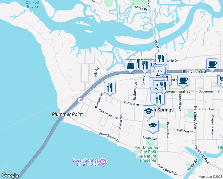 map of restaurants, bars, coffee shops, grocery stores, and more near 602 First Avenue in Ocean Springs