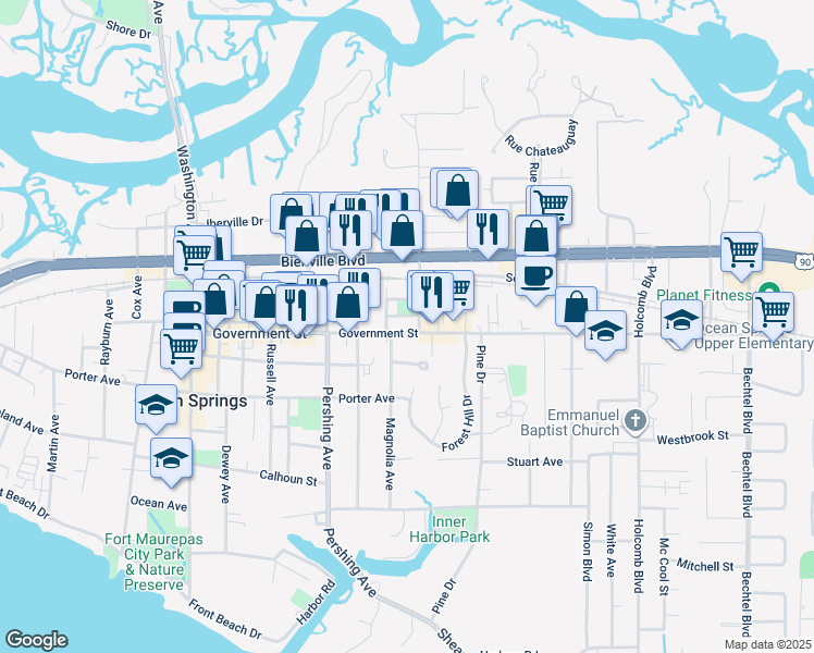 map of restaurants, bars, coffee shops, grocery stores, and more near 1706 Davis Street in Ocean Springs