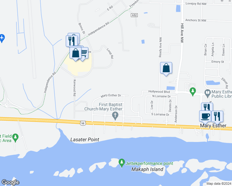 map of restaurants, bars, coffee shops, grocery stores, and more near 53 Mary Esther Drive in Mary Esther