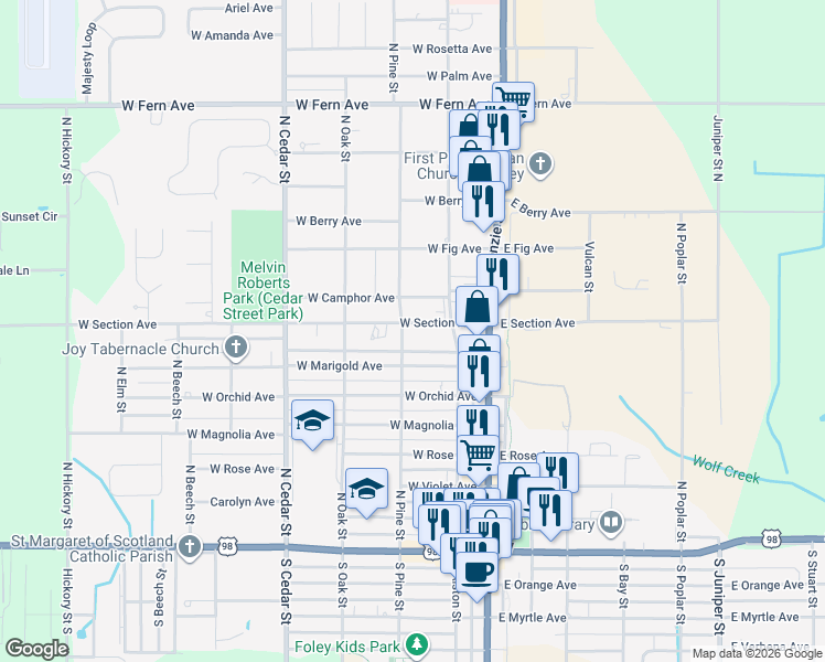 map of restaurants, bars, coffee shops, grocery stores, and more near 285 West Section Avenue in Foley